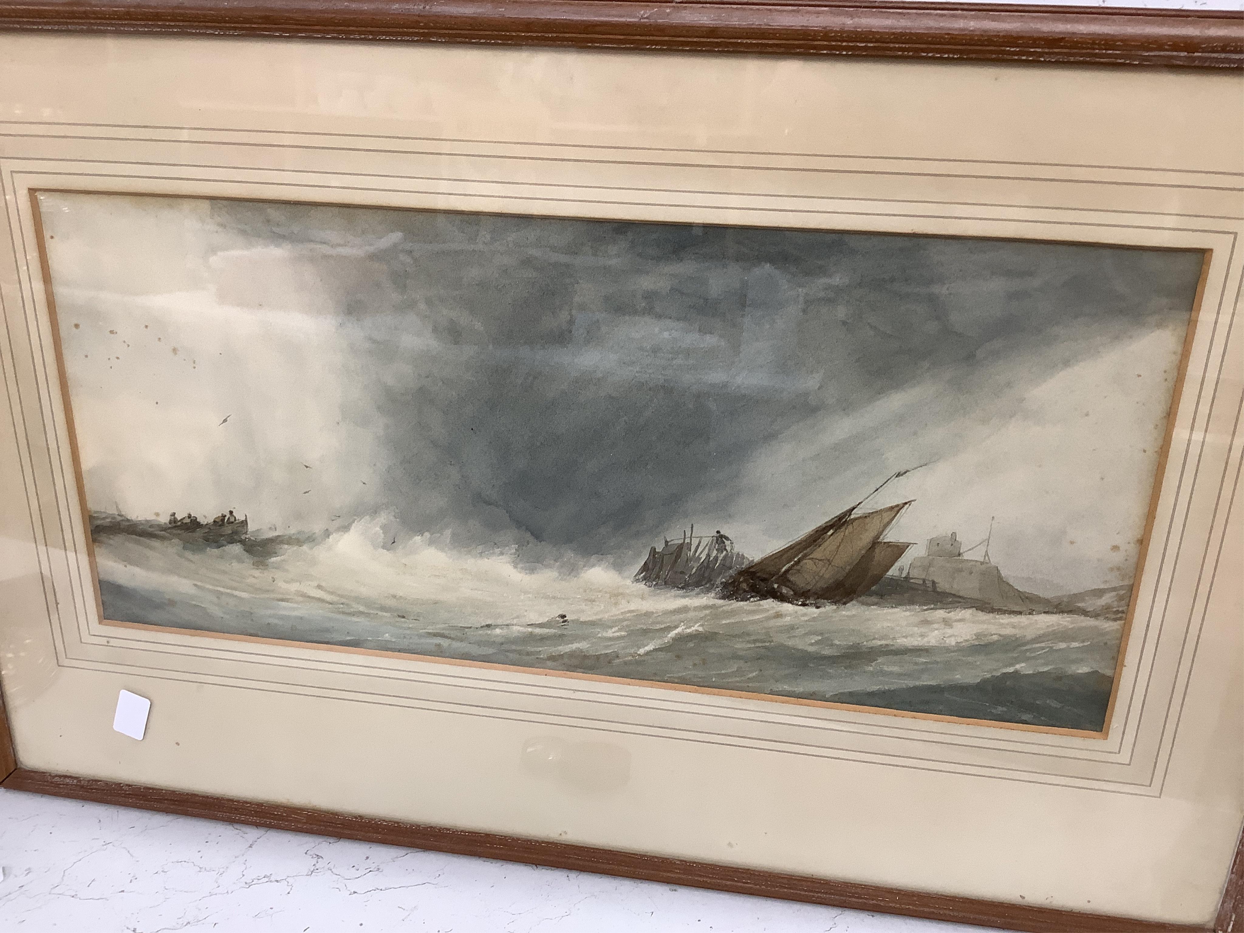 A collection of seven 19th century watercolour paintings to include, by - T.S Robins - ‘’Fishing boats in a choppy sea, signed; C.F. Buckley, 'Dove Dale, Derbyshire’, signed; Hercules Brabazon Brabazon, 'Fishing boats at